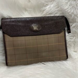 Burberry Canvas & Leather Clutch Bag - Brown Plaid Retro Pouch Vintage